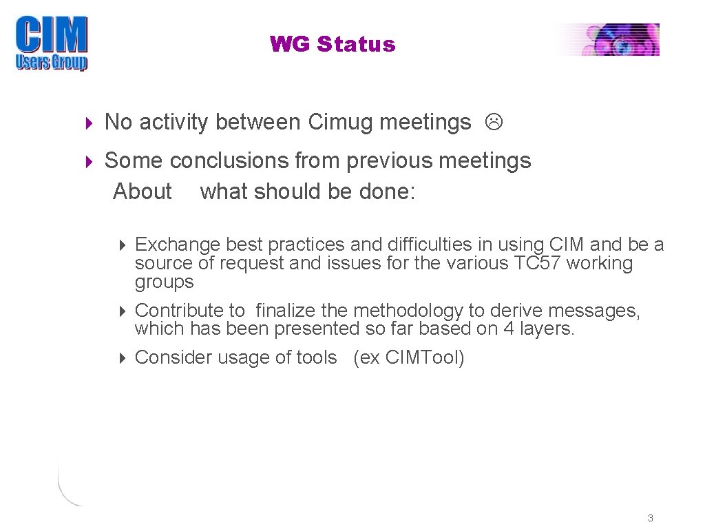 WG Status No activity between Cimug meetings Some conclusions from previous meetings About what
