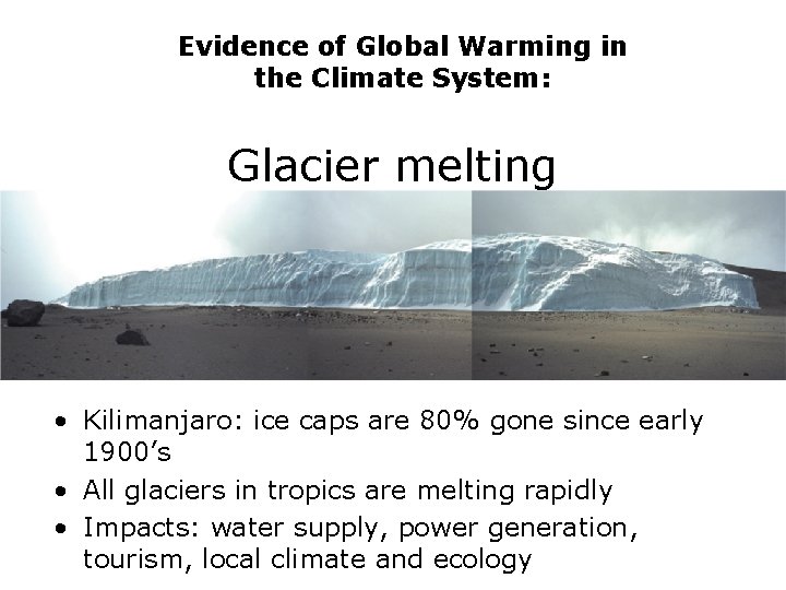 Evidence of Global Warming in the Climate System: Glacier melting • Kilimanjaro: ice caps