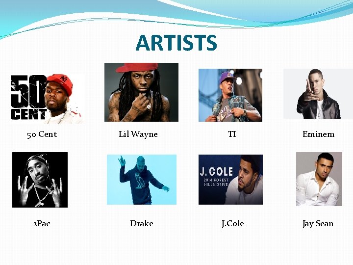 ARTISTS 50 Cent 2 Pac Lil Wayne Drake TI Eminem J. Cole Jay Sean
