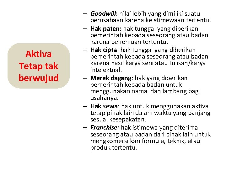 Aktiva Tetap tak berwujud – Goodwill: nilai lebih yang dimiliki suatu perusahaan karena keistimewaan