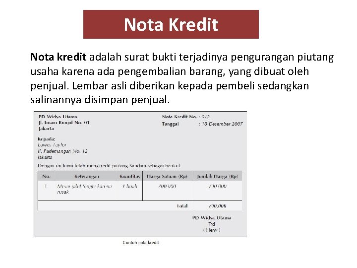 Nota Kredit Nota kredit adalah surat bukti terjadinya pengurangan piutang usaha karena ada pengembalian