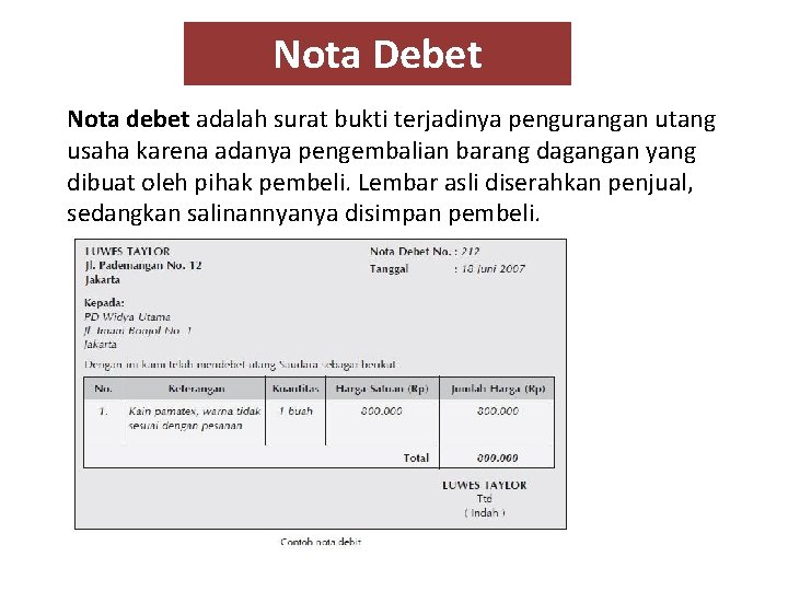 Nota Debet Nota debet adalah surat bukti terjadinya pengurangan utang usaha karena adanya pengembalian