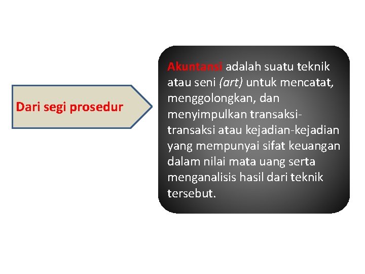 Dari segi prosedur Akuntansi adalah suatu teknik atau seni (art) untuk mencatat, menggolongkan, dan