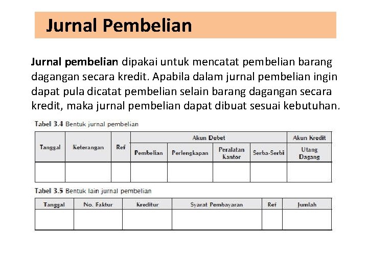 Jurnal Pembelian Jurnal pembelian dipakai untuk mencatat pembelian barang dagangan secara kredit. Apabila dalam