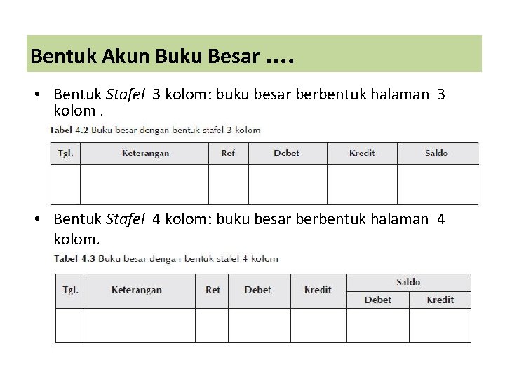 Bentuk Akun Buku Besar. . • Bentuk Stafel 3 kolom: buku besar berbentuk halaman