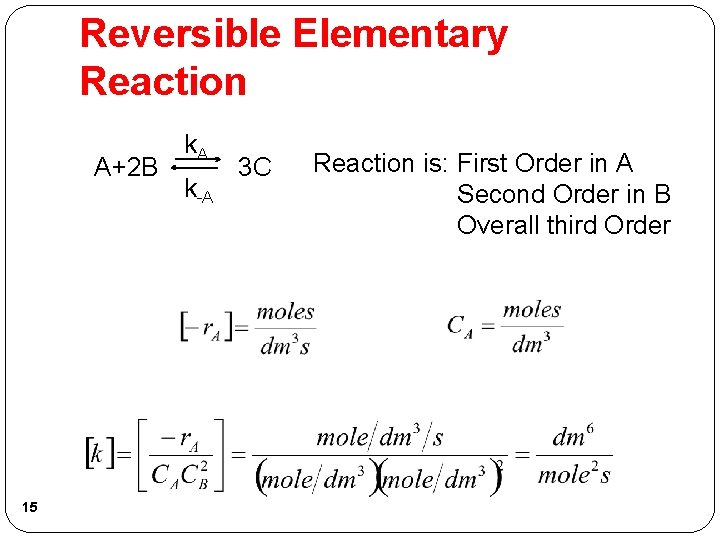Reversible Elementary Reaction A+2 B 15 k. A k-A 3 C Reaction is: First