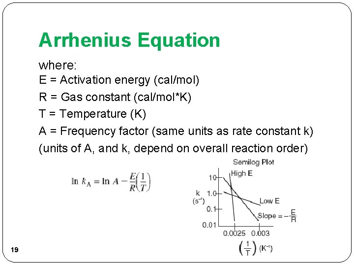 Arrhenius Equation where: E = Activation energy (cal/mol) R = Gas constant (cal/mol*K) T