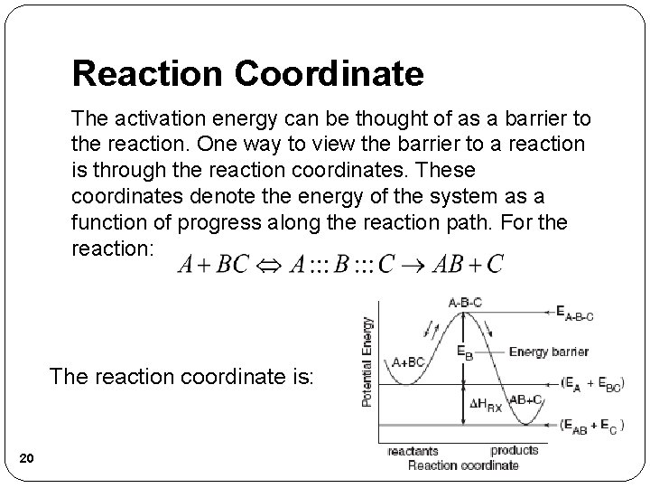 Reaction Coordinate The activation energy can be thought of as a barrier to the