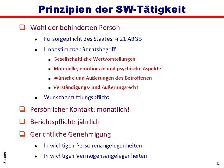 Prinzipien der SW-Tätigkeit q Wohl der behinderten Person l Fürsorgepflicht des Staates: § 21