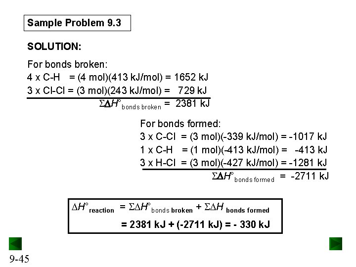 Sample Problem 9. 3 SOLUTION: For bonds broken: 4 x C-H = (4 mol)(413