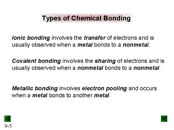 Types of Chemical Bonding Ionic bonding involves the transfer of electrons and is usually