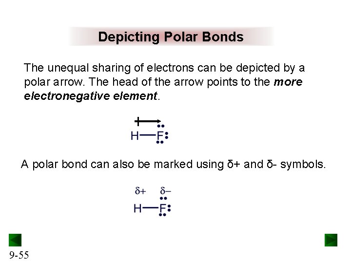 Depicting Polar Bonds The unequal sharing of electrons can be depicted by a polar