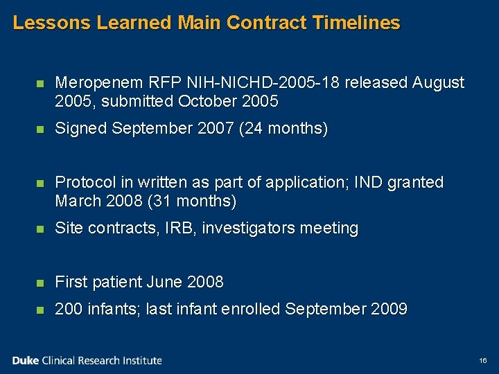 Lessons Learned Main Contract Timelines n Meropenem RFP NIH-NICHD-2005 -18 released August 2005, submitted