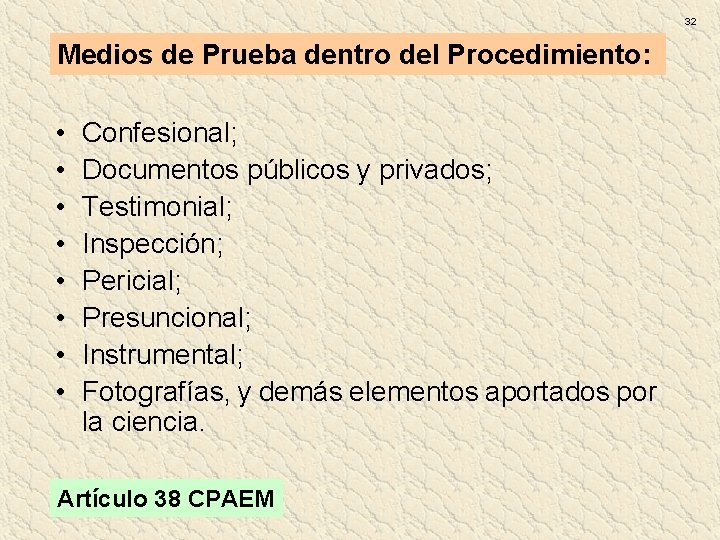 32 Medios de Prueba dentro del Procedimiento: • • Confesional; Documentos públicos y privados; 32 Medios de Prueba dentro del Procedimiento: • • Confesional; Documentos públicos y privados;