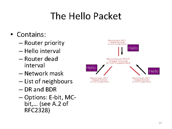 The Hello Packet • Contains: – Router priority – Hello interval – Router dead