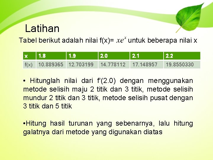 Latihan Tabel berikut adalah nilai f(x)= x 1. 8 1. 9 f(x) 10. 889365