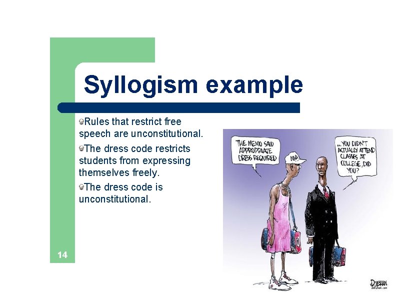 Syllogism example Rules that restrict free speech are unconstitutional. The dress code restricts students