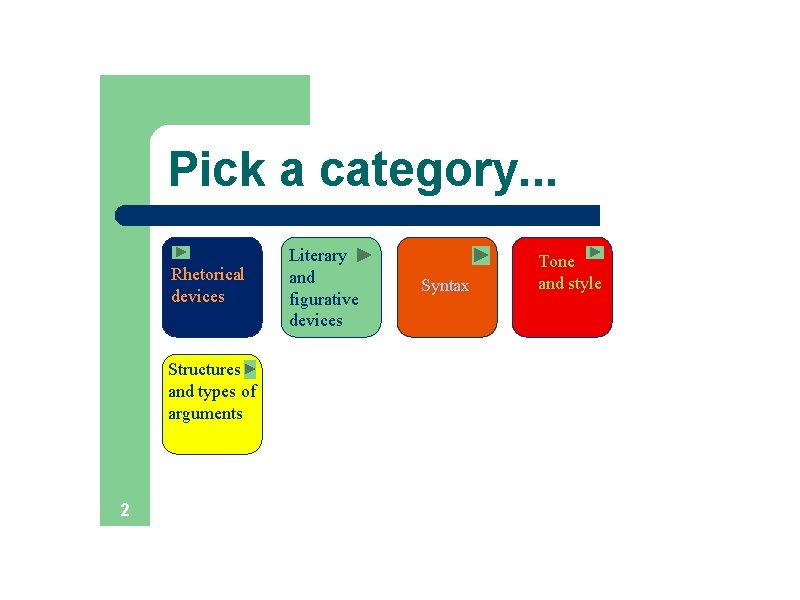 Pick a category. . . Rhetorical devices Structures and types of arguments 2 Literary