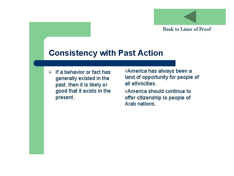 Back to Lines of Proof Consistency with Past Action If a behavior or fact