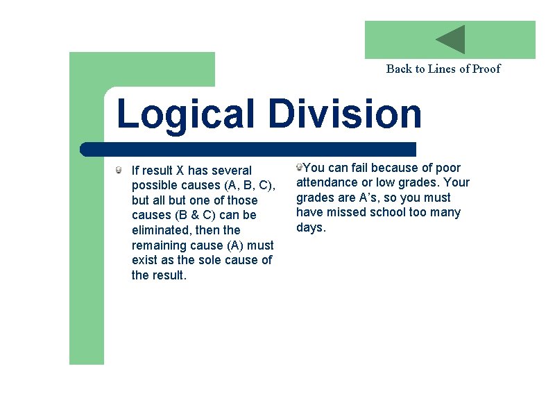 Back to Lines of Proof Logical Division If result X has several possible causes