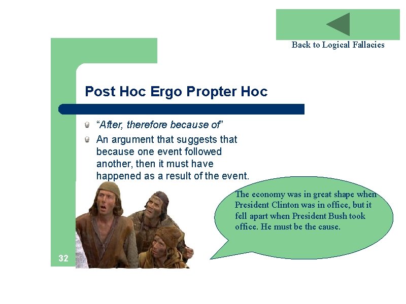 Back to Logical Fallacies Post Hoc Ergo Propter Hoc “After, therefore because of” An