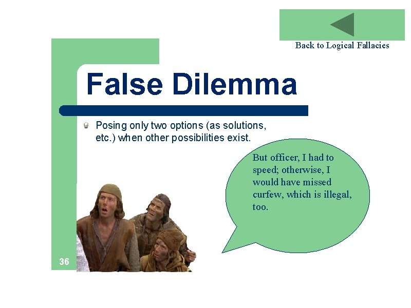 Back to Logical Fallacies False Dilemma Posing only two options (as solutions, etc. )