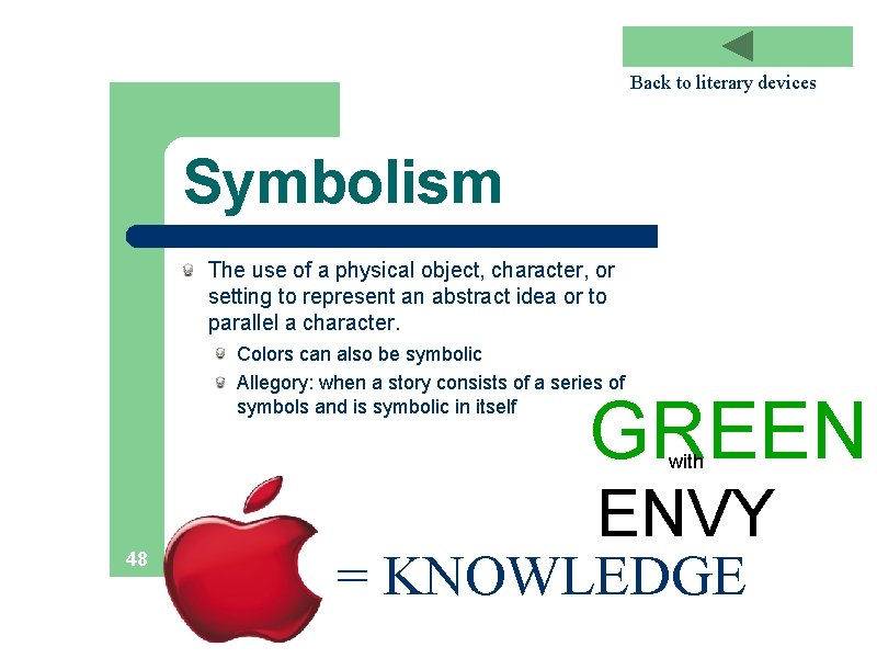 Back to literary devices Symbolism The use of a physical object, character, or setting