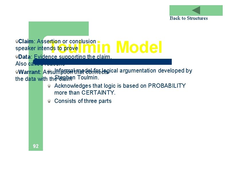 Back to Structures Toulmin Model Claim: Assertion or conclusion speaker intends to prove Data: