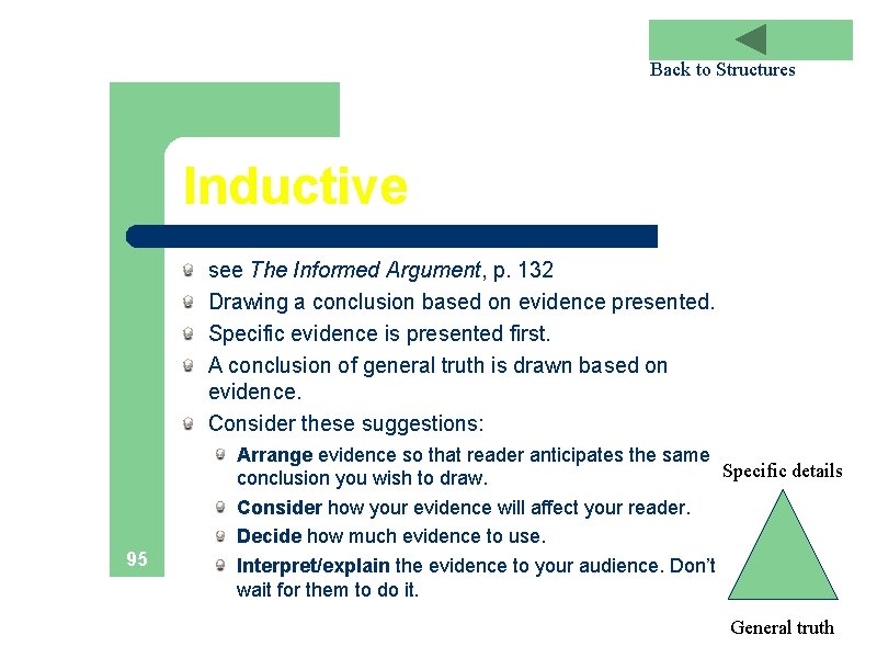 Back to Structures Inductive see The Informed Argument, p. 132 Drawing a conclusion based