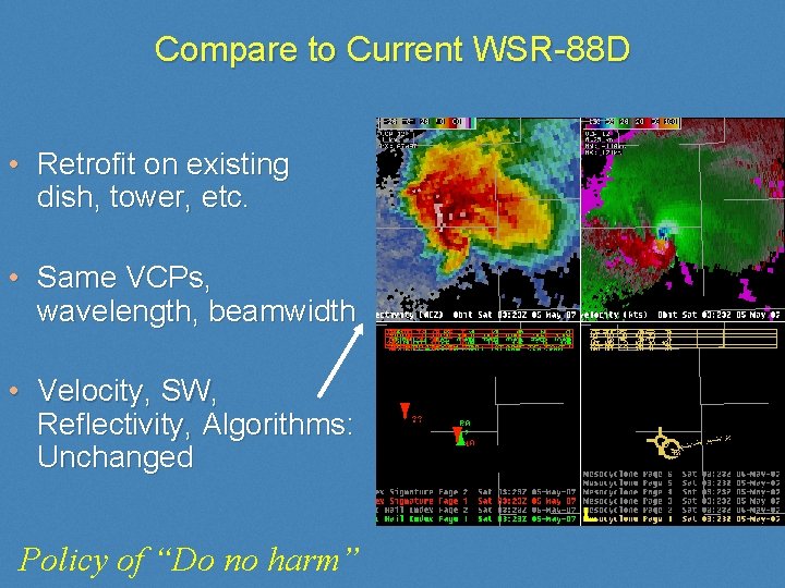 Compare to Current WSR-88 D • Retrofit on existing dish, tower, etc. • Same