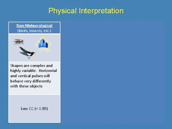 Physical Interpretation Non-Meteorological (birds, insects, etc. ) Metr (Uniform) (rain, snow, etc. ) Metr