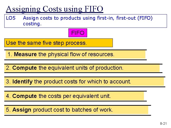 Assigning Costs using FIFO LO 5 Assign costs to products using first-in, first-out (FIFO)