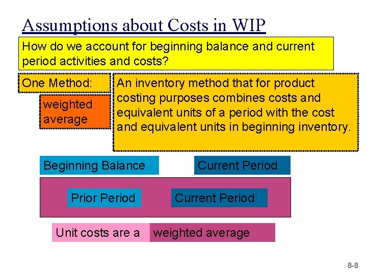 Assumptions about Costs in WIP How do we account for beginning balance and current