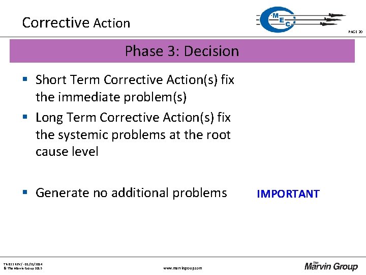 Corrective Action PAGE 20 Phase 3: Decision § Short Term Corrective Action(s) fix the Corrective Action PAGE 20 Phase 3: Decision § Short Term Corrective Action(s) fix the