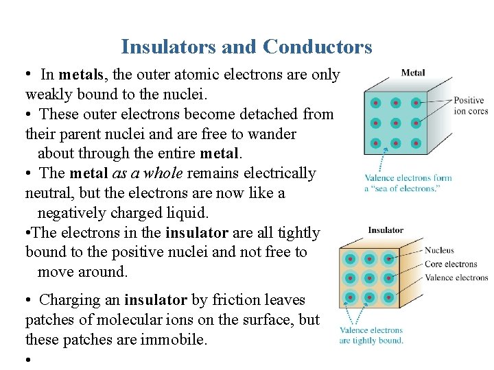 Insulators and Conductors • In metals, the outer atomic electrons are only weakly bound