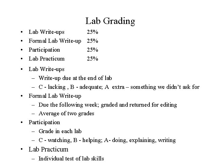 Lab Grading • • Lab Write-ups Formal Lab Write-up Participation Lab Practicum 25% 25%