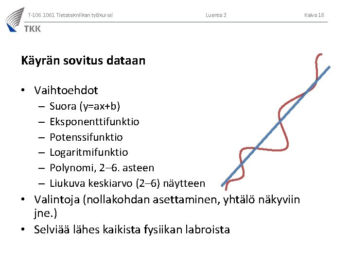 T-106. 1061 Tietotekniikan työkurssi Luento 2 Käyrän sovitus dataan • Vaihtoehdot – – –