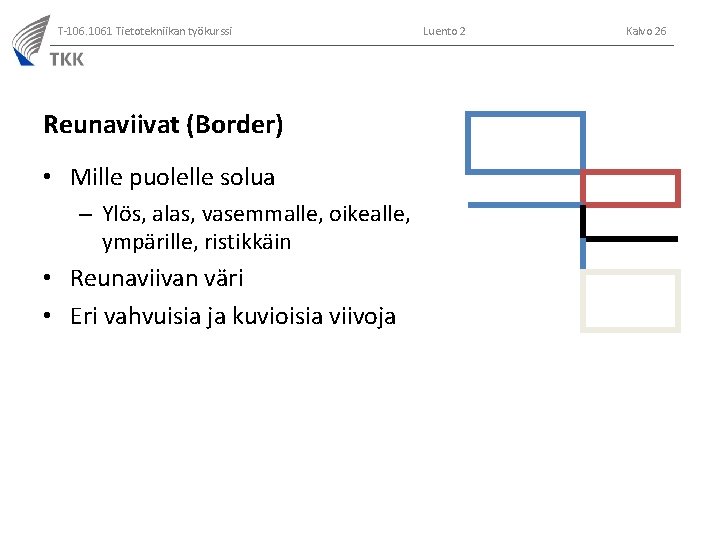 T-106. 1061 Tietotekniikan työkurssi Reunaviivat (Border) • Mille puolelle solua – Ylös, alas, vasemmalle,