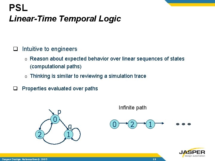 PSL Linear-Time Temporal Logic q Intuitive to engineers o Reason about expected behavior over