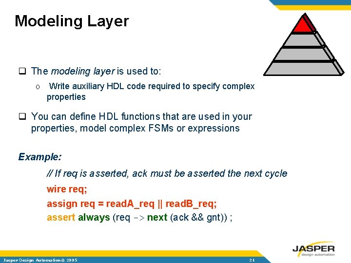 Modeling Layer q The modeling layer is used to: o Write auxiliary HDL code