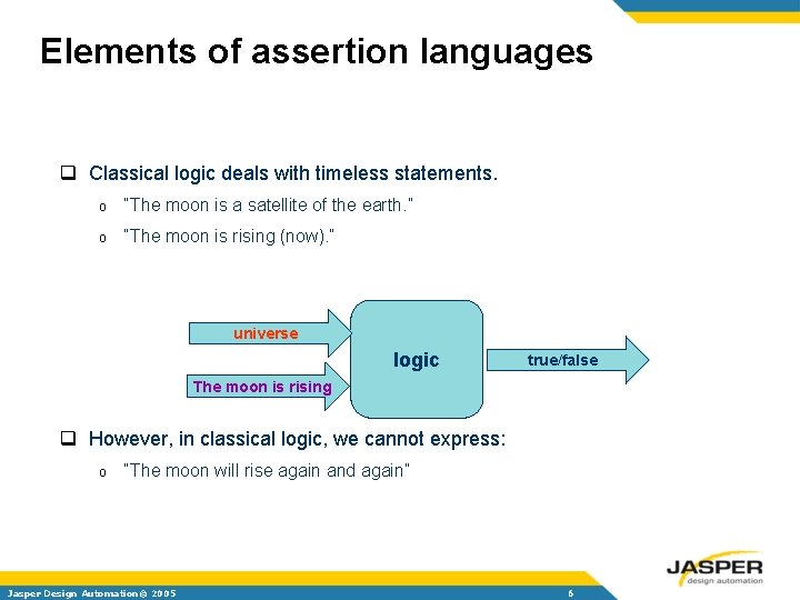 Elements of assertion languages q Classical logic deals with timeless statements. o “The moon