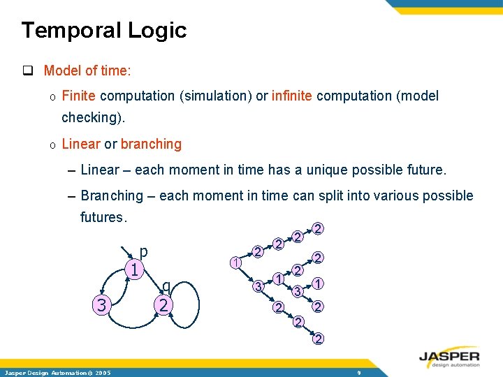 Temporal Logic q Model of time: o Finite computation (simulation) or infinite computation (model