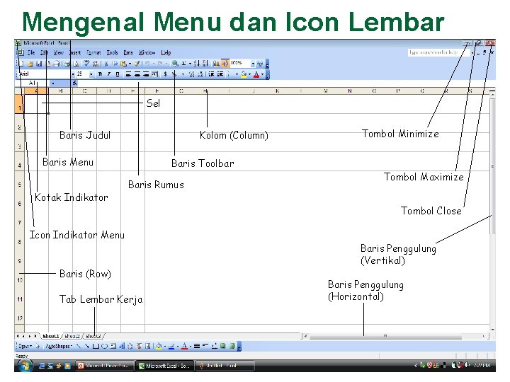 Mengenal Menu dan Icon Lembar Kerja Sel Baris Judul Kolom (Column) Baris Menu Kotak