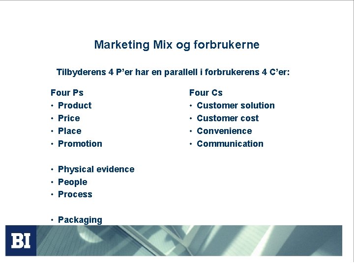 Marketing Mix og forbrukerne Tilbyderens 4 P’er har en parallell i forbrukerens 4 C’er: