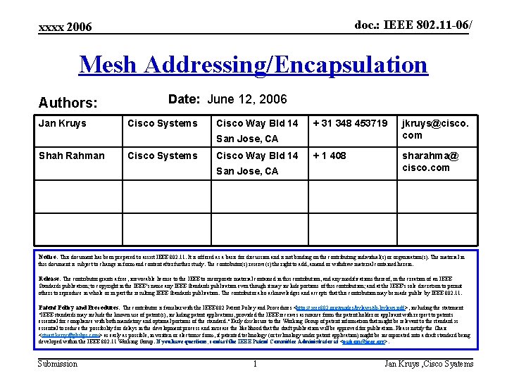 doc. : IEEE 802. 11 -06/ xxxx 2006 Mesh Addressing/Encapsulation Authors: Jan Kruys Date:
