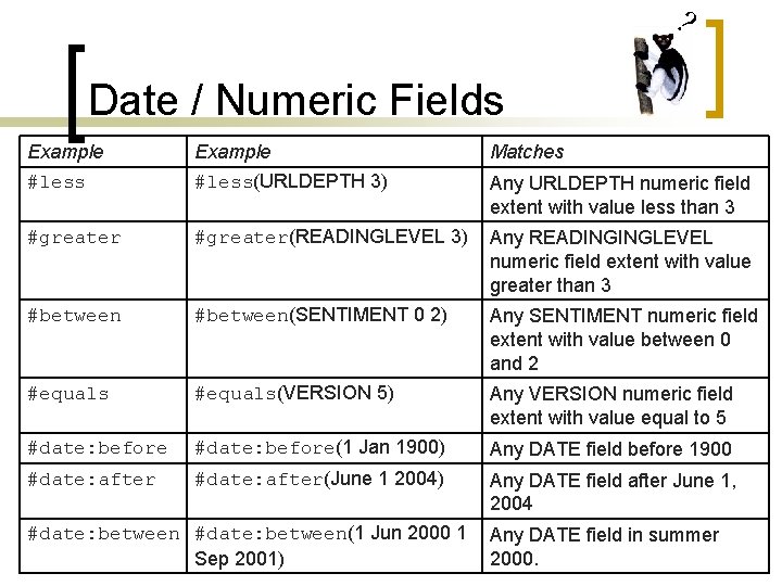 ? Date / Numeric Fields Example Matches #less(URLDEPTH 3) Any URLDEPTH numeric field extent