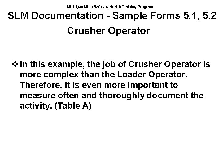 Michigan Mine Safety & Health Training Program SLM Documentation - Sample Forms 5. 1,