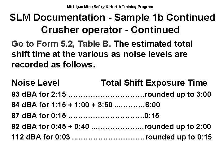Michigan Mine Safety & Health Training Program SLM Documentation - Sample 1 b Continued