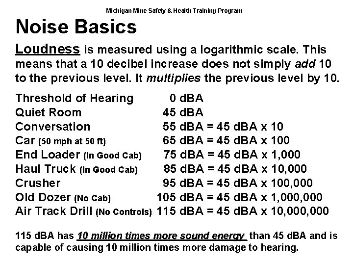 Michigan Mine Safety & Health Training Program Noise Basics Loudness is measured using a