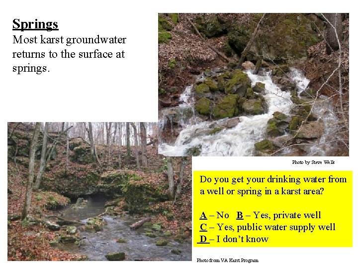 Springs Most karst groundwater returns to the surface at springs. Photo by Steve Wells